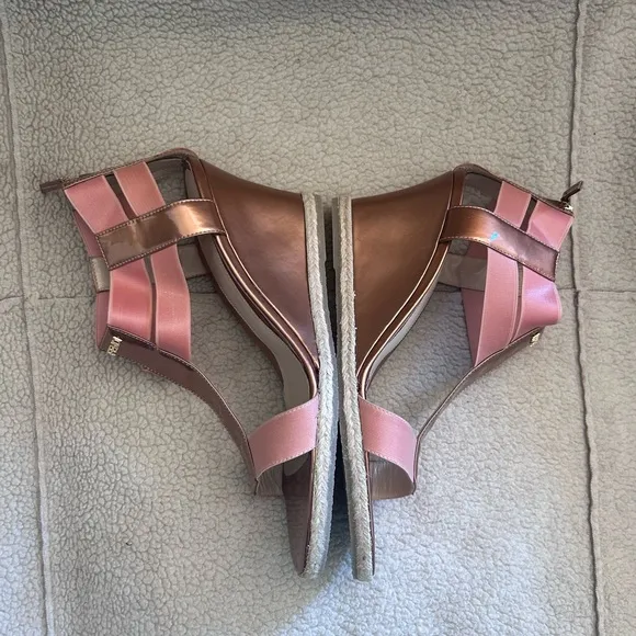 Fendi Rose Gold Leather And Elastic Carioca Wedge Espadrille Sandals