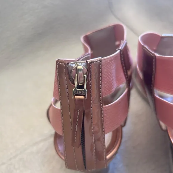 Fendi Rose Gold Leather And Elastic Carioca Wedge Espadrille Sandals