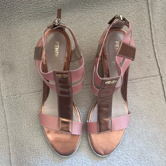 Fendi Rose Gold Leather And Elastic Carioca Wedge Espadrille Sandals
