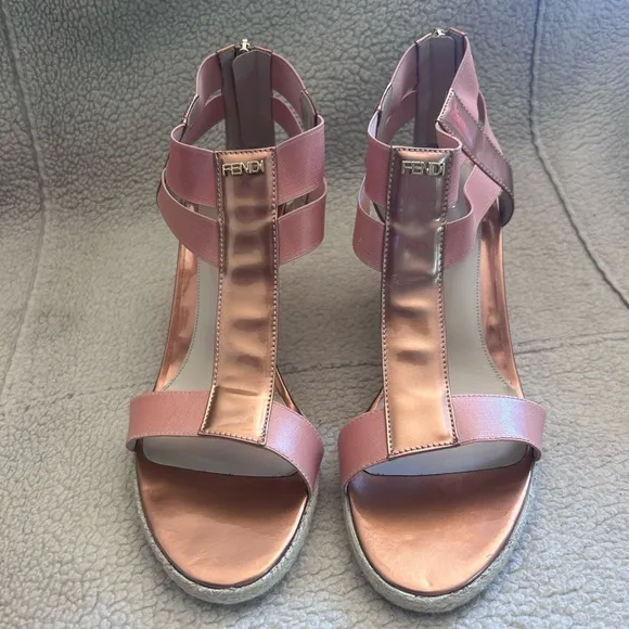 Fendi Rose Gold Leather And Elastic Carioca Wedge Espadrille Sandals