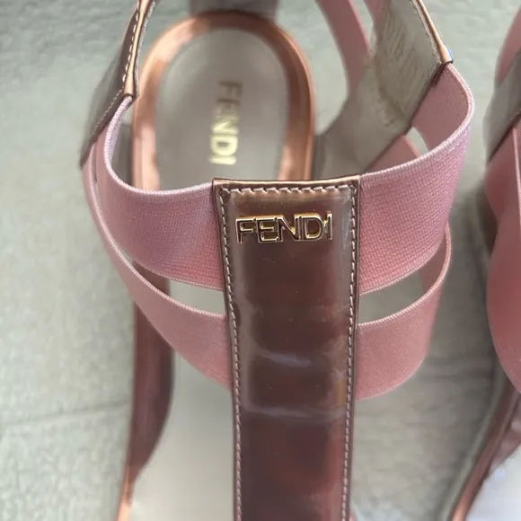 Fendi Rose Gold Leather And Elastic Carioca Wedge Espadrille Sandals