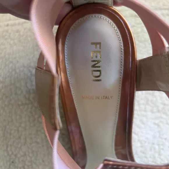 Fendi Rose Gold Leather And Elastic Carioca Wedge Espadrille Sandals