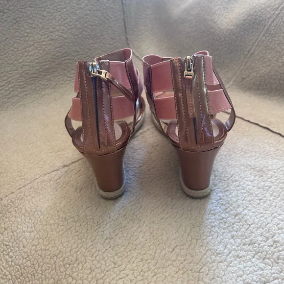 Fendi Rose Gold Leather And Elastic Carioca Wedge Espadrille Sandals