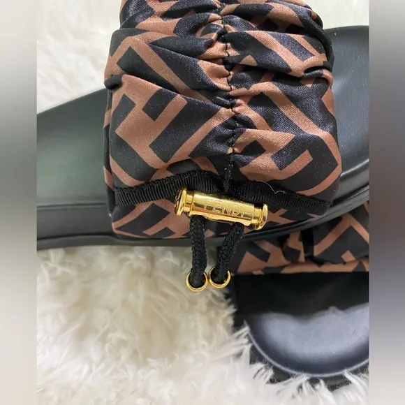 Fendi Women's Black and Brown Satin Slide Sandals Sz 8