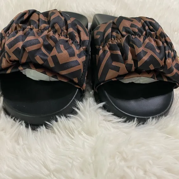 Fendi Women's Black and Brown Satin Slide Sandals Sz 8