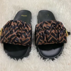 Fendi Women's Black and Brown Satin Slide Sandals Sz 8