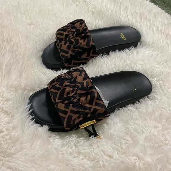 Fendi Women's Black and Brown Satin Slide Sandals Sz 8