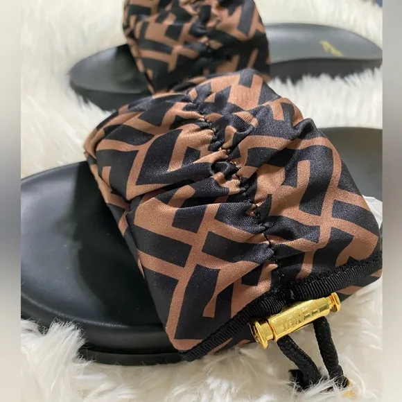 Fendi Women's Black and Brown Satin Slide Sandals Sz 8