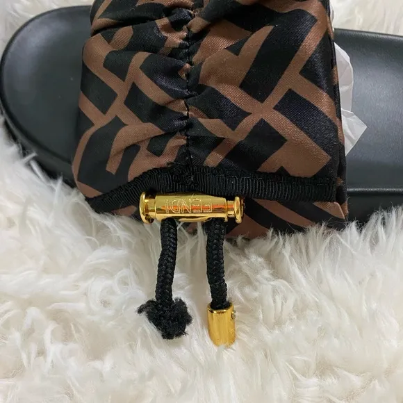 Fendi Women's Black and Brown Satin Slide Sandals Sz 8