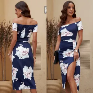 Floral Printed Off Shoulder Dress - Navy
