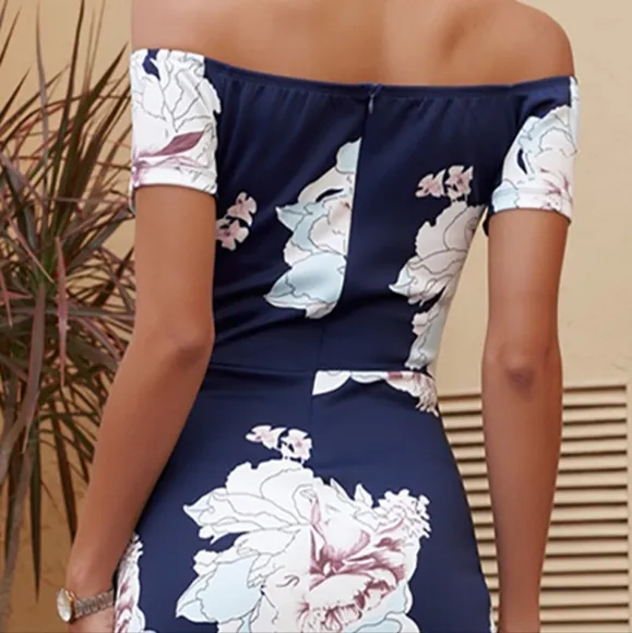 Floral Printed Off Shoulder Dress - Navy
