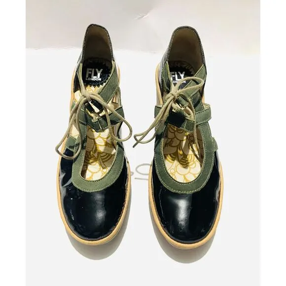 Fly London leather comfort shoes mary Jane chunky Wedges black green women's 7