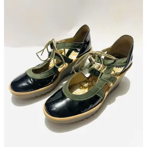 Fly London leather comfort shoes mary Jane chunky Wedges black green women's 7