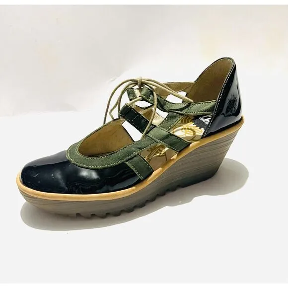 Fly London leather comfort shoes mary Jane chunky Wedges black green women's 7