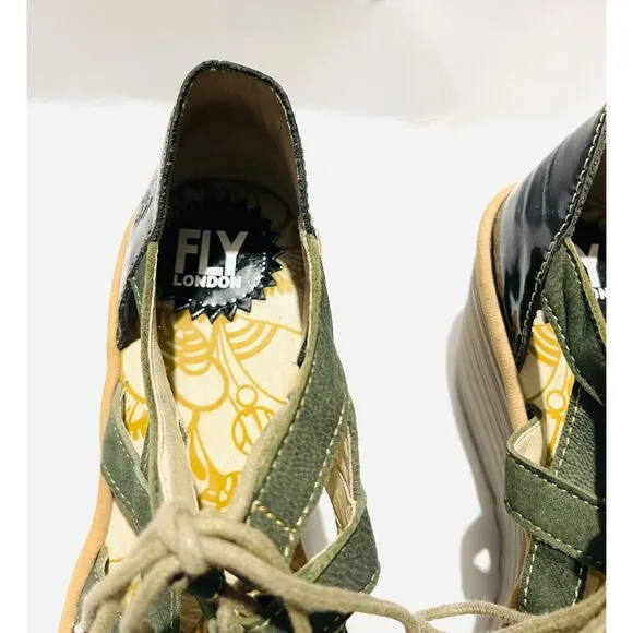 Fly London leather comfort shoes mary Jane chunky Wedges black green women's 7