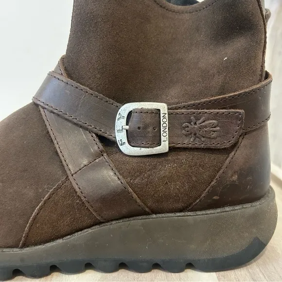 Fly London Sake Fly Boots Booties Brown Suede Wrap Around Strap Size 41 US 10