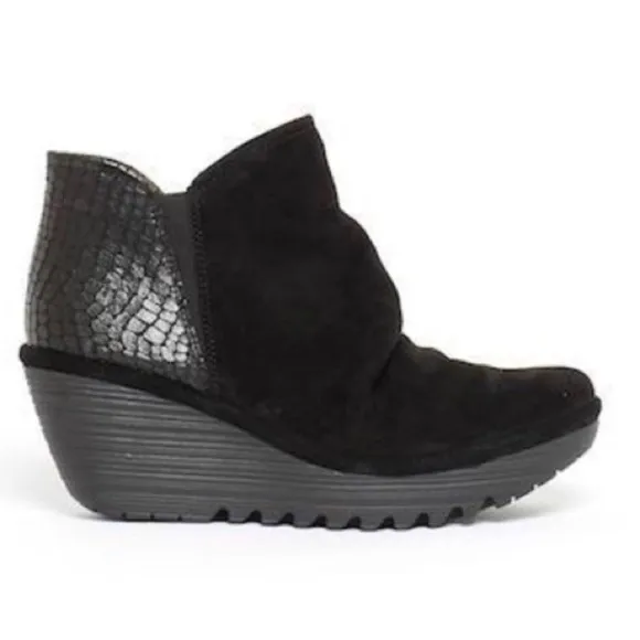 Fly London Yamy Black Leather Texture Oiled Suede Wedge Ankle Boots Sz 39