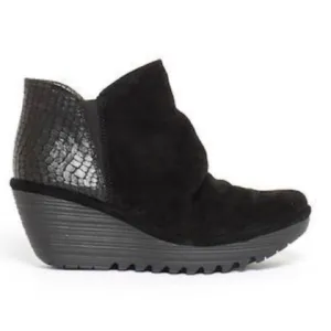 Fly London Yamy Black Leather Texture Oiled Suede Wedge Ankle Boots Sz 39