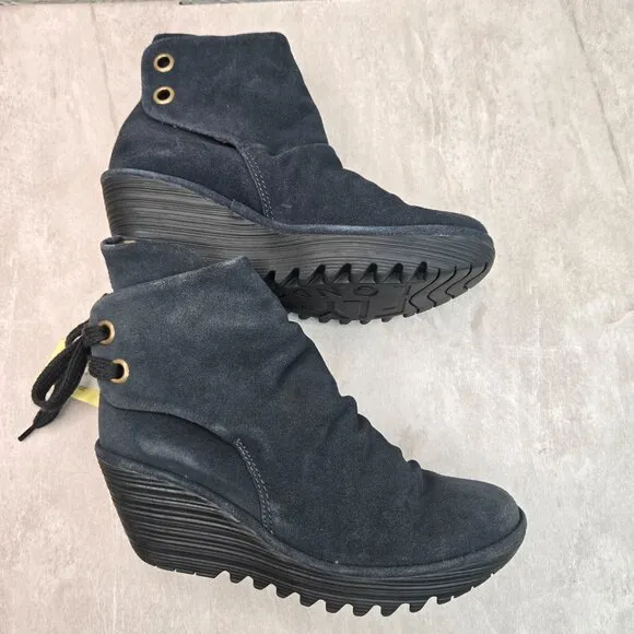 Fly London Yebi Wedge Ankle Booties Black Suede Comfort Chunky Platform Boots