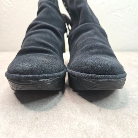 Fly London Yebi Wedge Ankle Booties Black Suede Comfort Chunky Platform Boots