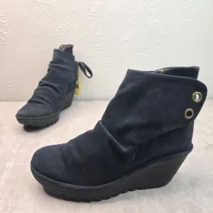 Fly London Yebi Wedge Ankle Booties Black Suede Comfort Chunky Platform Boots