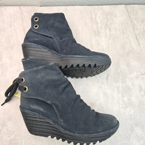 Fly London Yebi Wedge Ankle Booties Black Suede Comfort Chunky Platform Boots