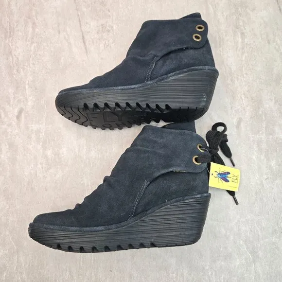 Fly London Yebi Wedge Ankle Booties Black Suede Comfort Chunky Platform Boots