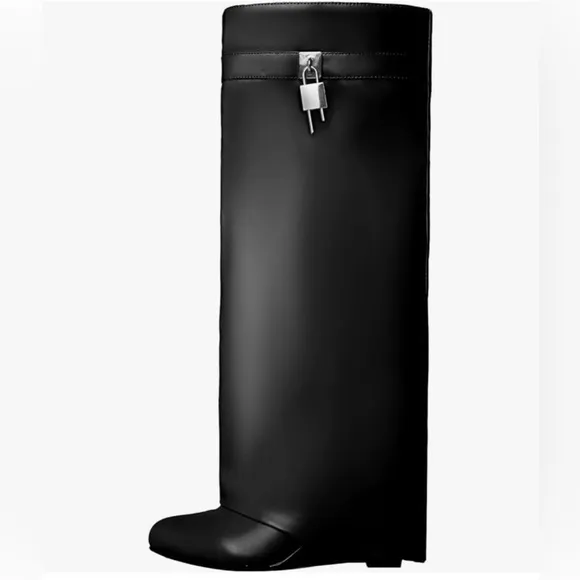Fold Over Boots Wide-calf Wedge Heel Knee High Boot With Decorative Lock