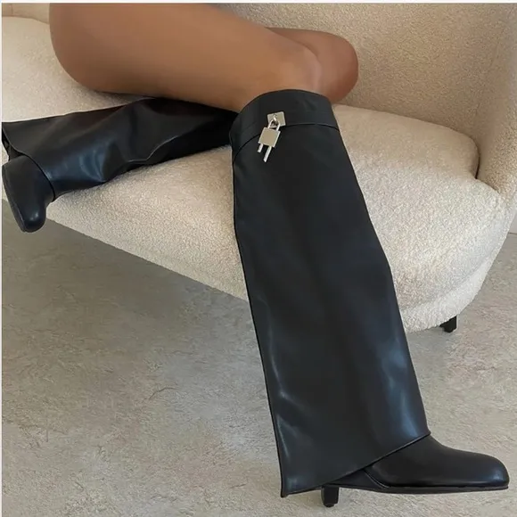 Fold Over Boots Wide-calf Wedge Heel Knee High Boot With Decorative Lock