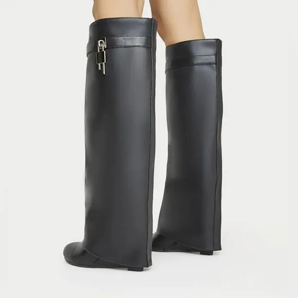 Fold Over Boots Wide-calf Wedge Heel Knee High Boot With Decorative Lock