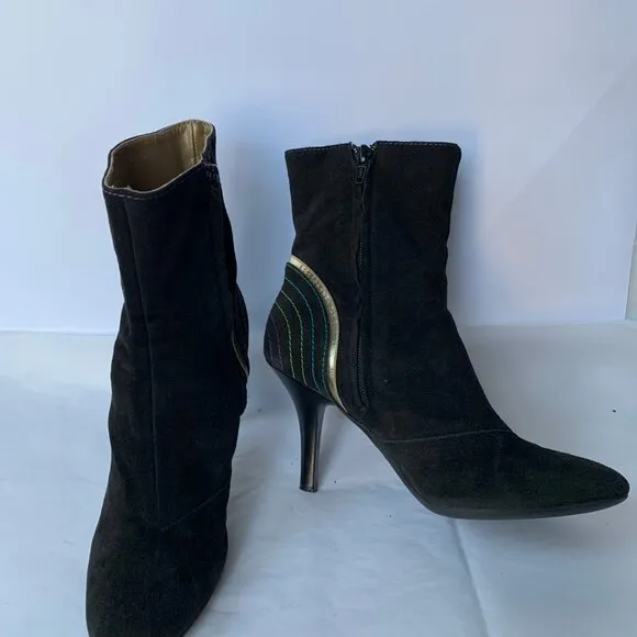 Fornarina Y2K Brown Black Suede Rainbow Contrast Stitch Round Toe Boots  Size 38