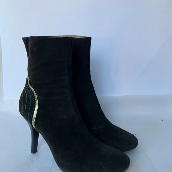 Fornarina Y2K Brown Black Suede Rainbow Contrast Stitch Round Toe Boots  Size 38