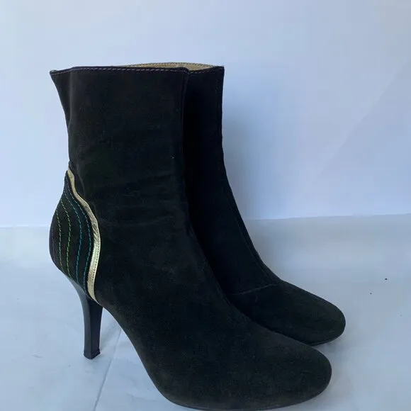 Fornarina Y2K Brown Black Suede Rainbow Contrast Stitch Round Toe Boots  Size 38