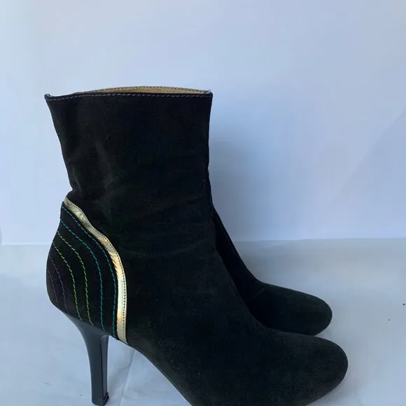 Fornarina Y2K Brown Black Suede Rainbow Contrast Stitch Round Toe Boots  Size 38