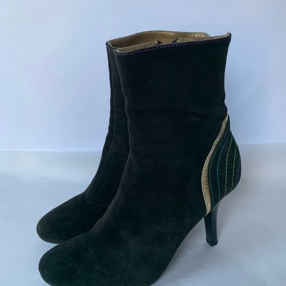 Fornarina Y2K Brown Black Suede Rainbow Contrast Stitch Round Toe Boots  Size 38