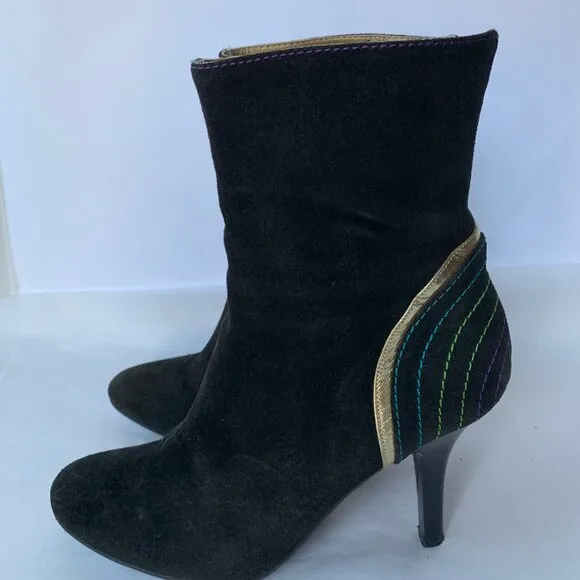 Fornarina Y2K Brown Black Suede Rainbow Contrast Stitch Round Toe Boots  Size 38