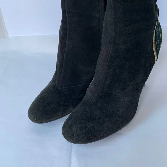 Fornarina Y2K Brown Black Suede Rainbow Contrast Stitch Round Toe Boots  Size 38