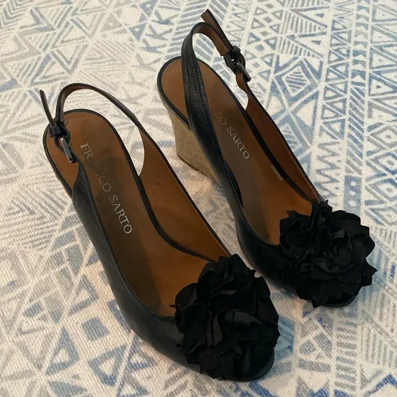 Franco Sarto Black Flower Wedge Sandals
