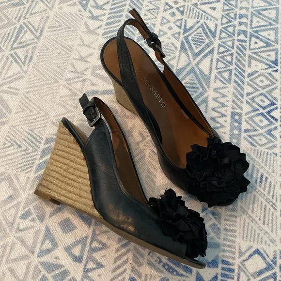 Franco Sarto Black Flower Wedge Sandals