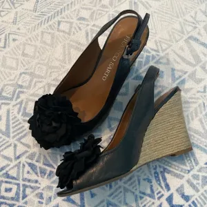 Franco Sarto Black Flower Wedge Sandals