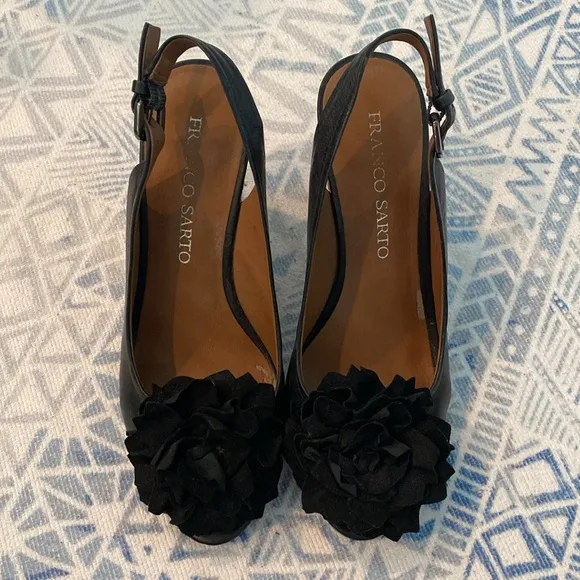 Franco Sarto Black Flower Wedge Sandals