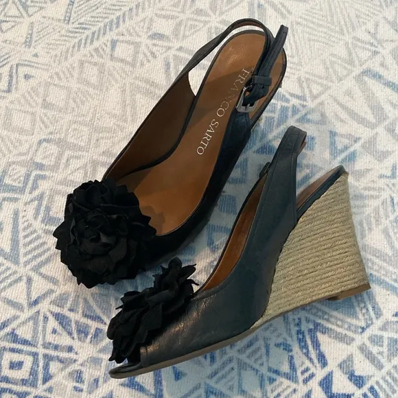 Franco Sarto Black Flower Wedge Sandals