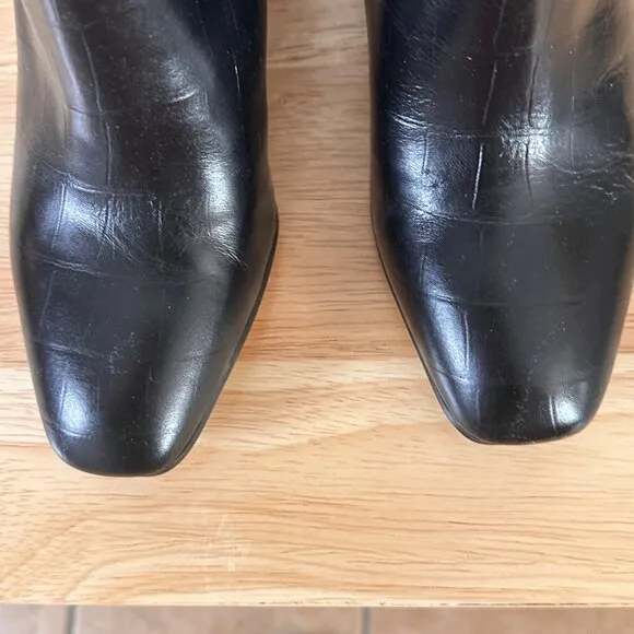 Franco Sarto Croc Embossed Leather Ankle Boots Block Heel Side Zipper Size 7