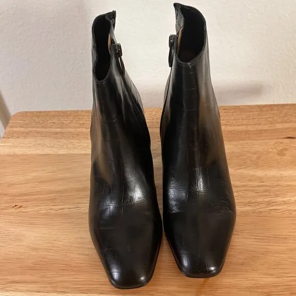 Franco Sarto Croc Embossed Leather Ankle Boots Block Heel Side Zipper Size 7