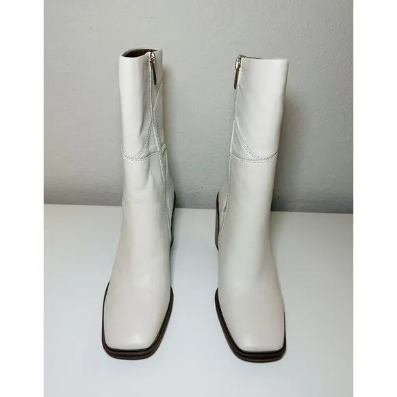FRANCO SARTO Stevie Mid-Calf Boots Putty Leather Block Heel Women's 8 NEW