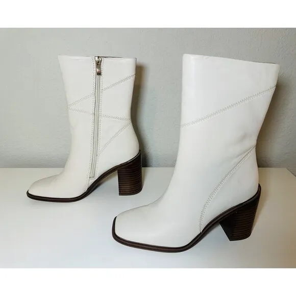 FRANCO SARTO Stevie Mid-Calf Boots Putty Leather Block Heel Women's 8 NEW