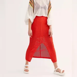 Free People Long Crochet Maxi Skirt Size Med Bright Orange
