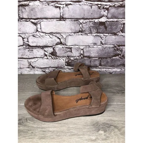 Free People Plum Taupe Suede Platform Ankle Strap Sandals Women Sz 38EU/7.5M US