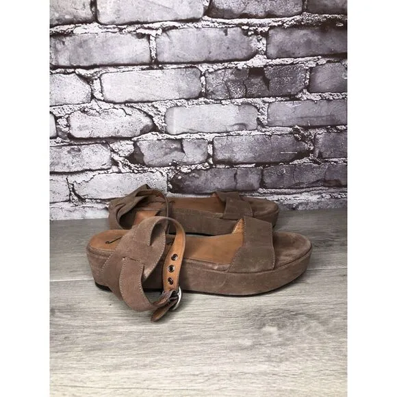 Free People Plum Taupe Suede Platform Ankle Strap Sandals Women Sz 38EU/7.5M US