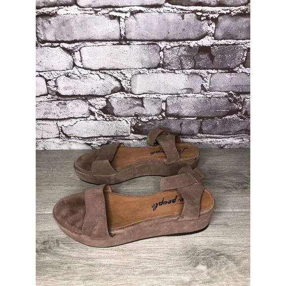 Free People Plum Taupe Suede Platform Ankle Strap Sandals Women Sz 38EU/7.5M US